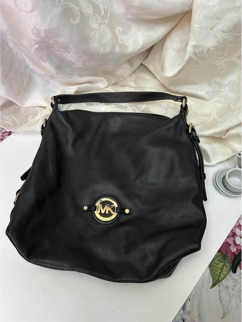 Michael Kors Large Black Leather  Hobo Tote Bag with Gold Hardware